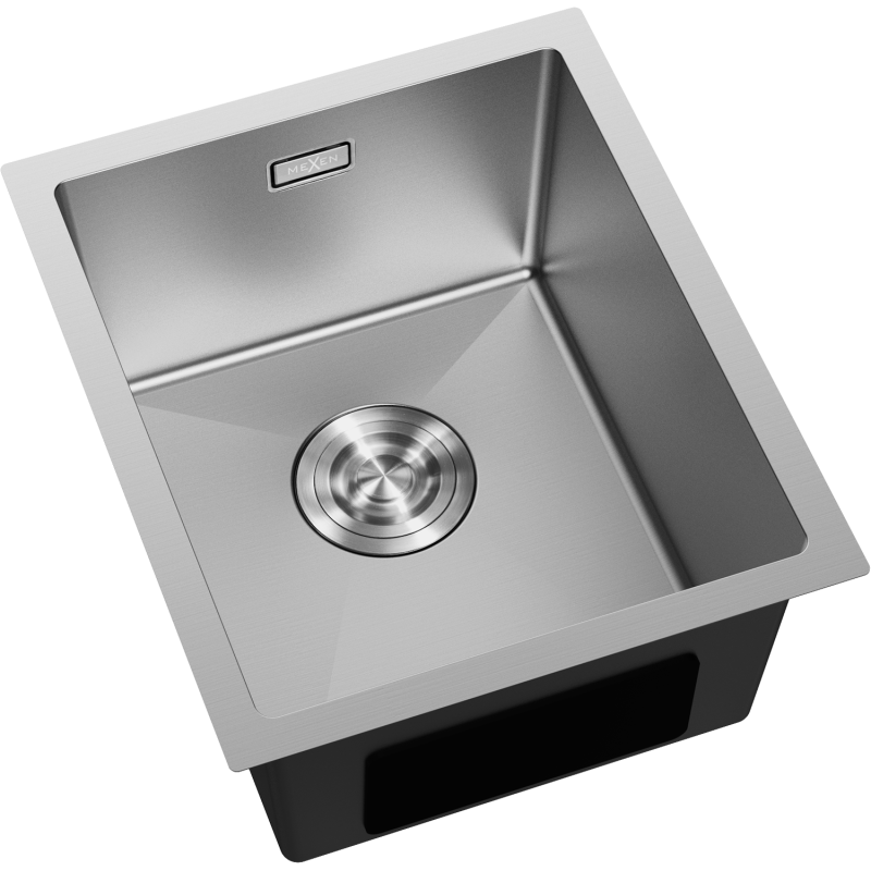 Kjøkkenvask Rustfritt Stål firkantet Mexen Trixo sett ovenfra med børstet finish og sentrert avløp.