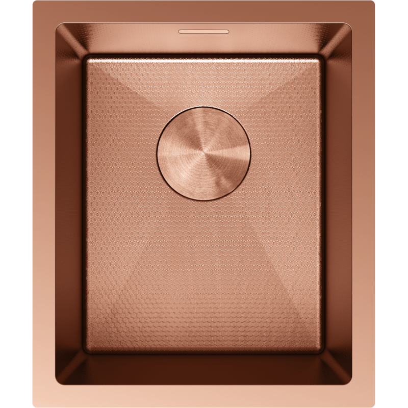 Kjøkkenvask i stål Mexen Trixo kobber, rektangulær med sekskantmønster og rundt avløpslokk sett ovenfra.