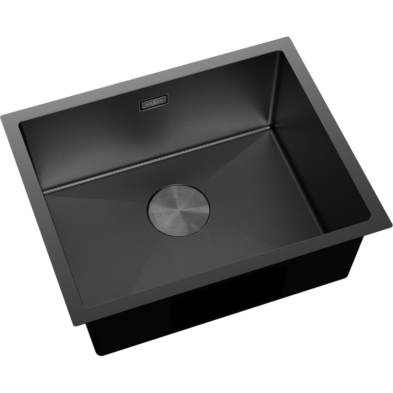Stål Kjøkkenvask Mexen Trixo svart 540 x 440 mm sett ovenfra med matt overflate og sirkulær avløpsåpning.