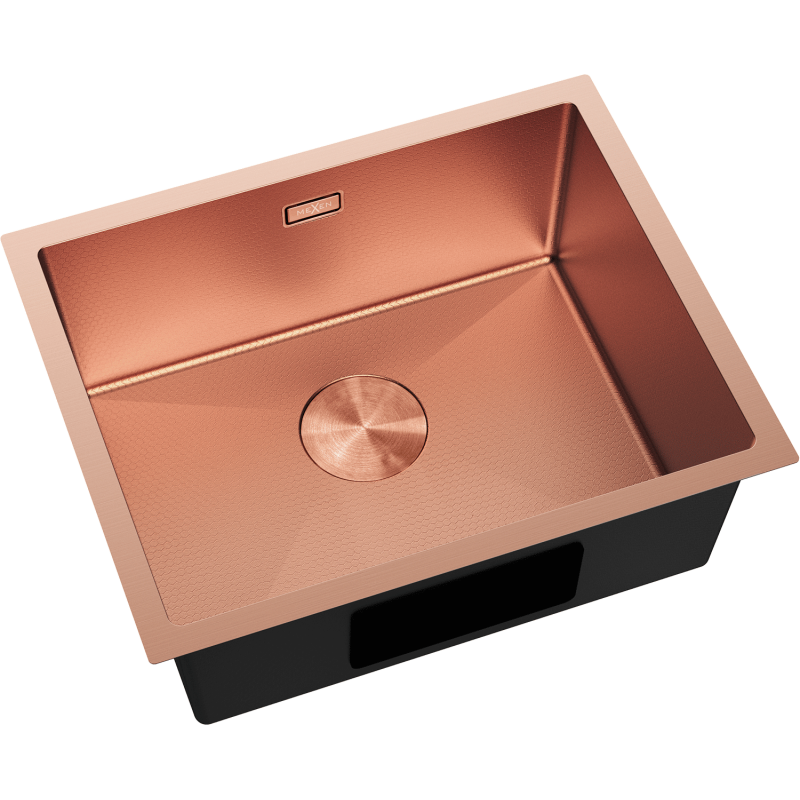 Stål Kjøkkenvask Mexen Trixo i kobber, rektangulær med glatt overflate og sentrert avløp.