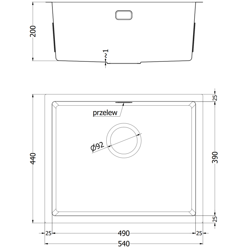 Kjøkkenvask i stål teknisk tegning med mål, overløp og avløp for Mexen Trixo 540 x 440 mm.