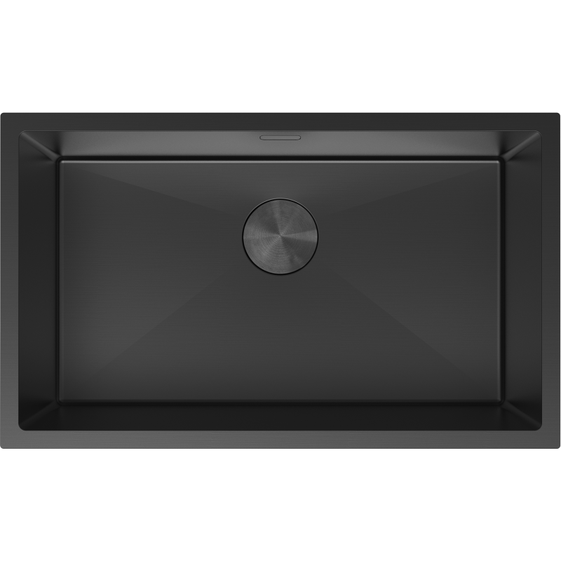Kjøkkenvask i stål svart Mexen Trixo 750 x 440 mm med 1 kum, sett ovenfra med rundt avløpslokk.