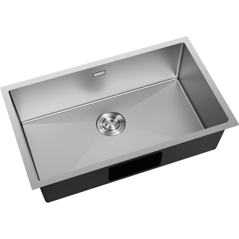Kjøkkenvask Rustfritt Stål Mexen Trixo sett ovenfra med sentrert bunnventil og matt overflate.