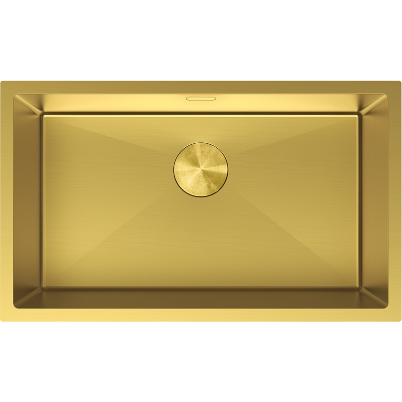 Kjøkkenvask i stål Mexen Trixo 750 x 440 mm, gull, sett ovenfra med rund bunnventil.