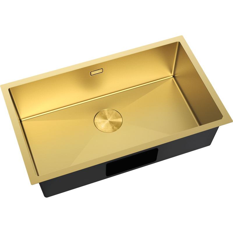 Stål Kjøkkenvask Mexen Trixo i børstet gull, skrå ovenfra med rund avløpsdeksel og mørk utside.