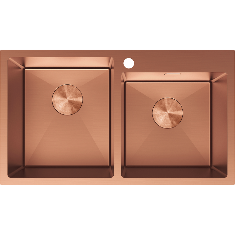 Kjøkkenvask i stål Mexen Xorin dobbel kum i børstet kobber, sett ovenfra med firkantede kummer.