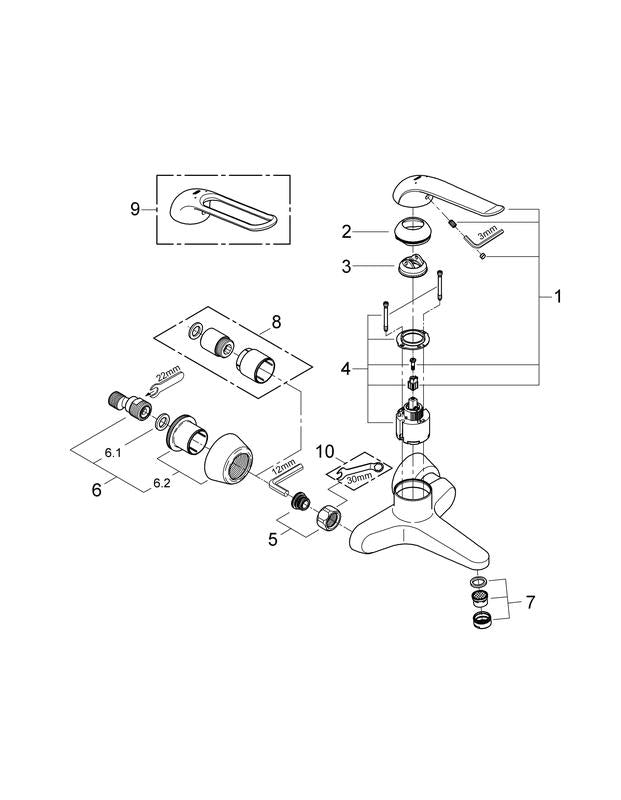 Sideprofil av Servantbatteri 2-hulls krom Grohe Euroeco Special