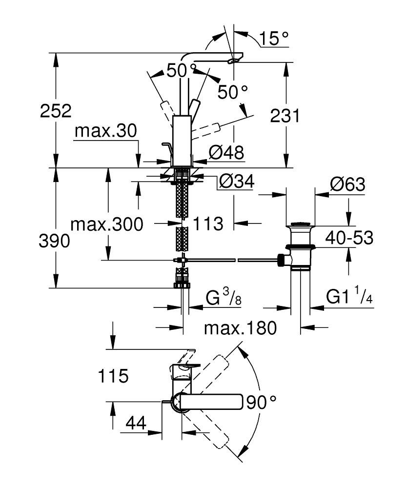 Nærbilde av tut på servantbatteri høy brushed hard graphite Grohe Lineare