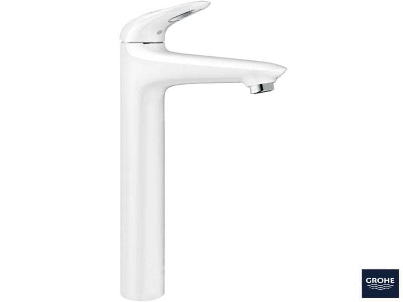 Nærbilde av håndtak på servantbatteri høy hvit Grohe Eurostyle Moon White