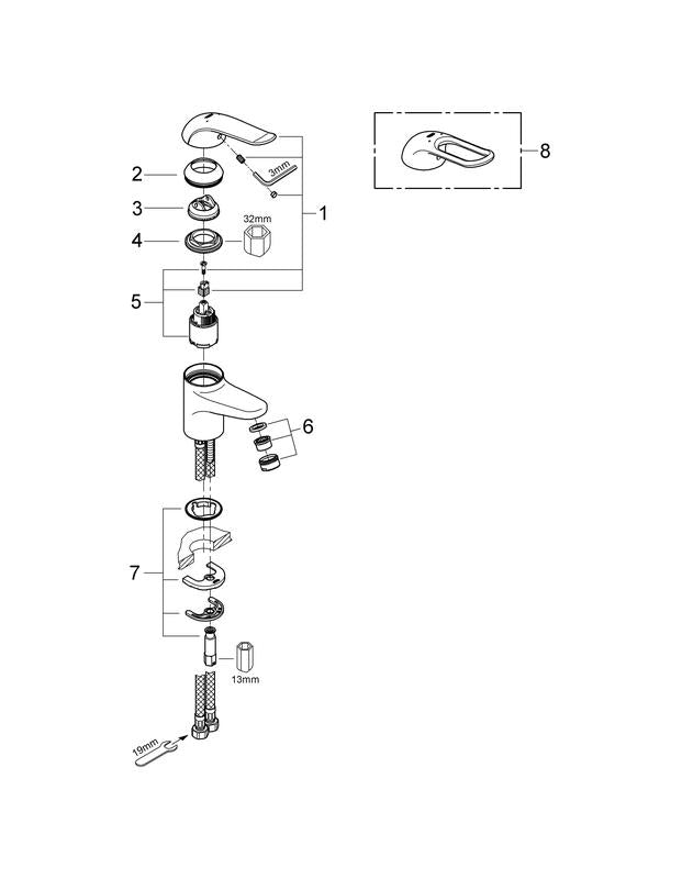 Sideprofil av ettgreps servantbatteri Grohe Euroeco Special krom