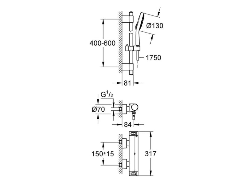 Termostat dusjbatteri med dusjsett krom Grohe Grohtherm 2000 bakside