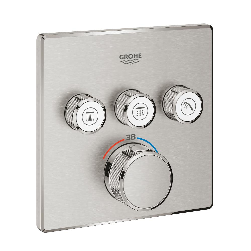 Termostat innbyggings tre uttak børstet stål Grohe Grohtherm SmartControl forfra