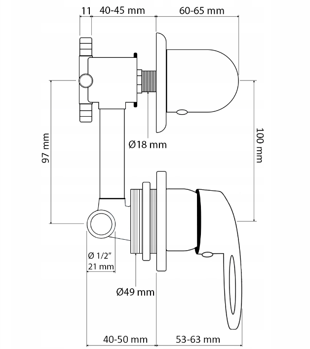 Batteri for massasjedusj 10 cm med 4 funksjoner, blandebatteri og bryter