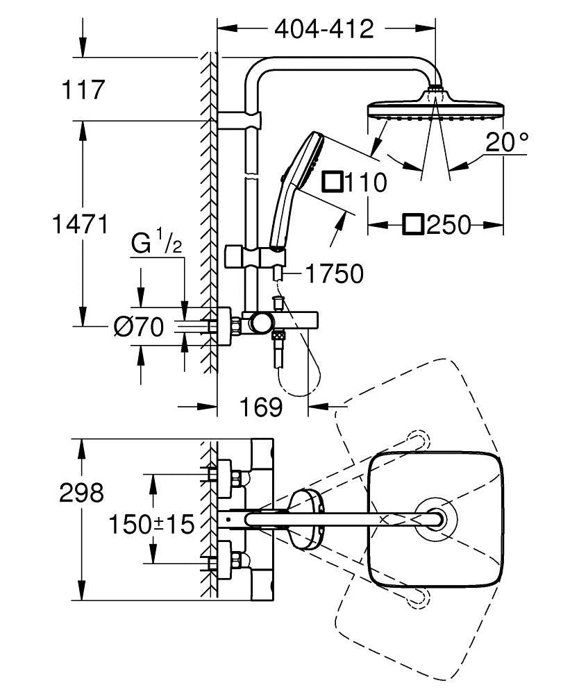 Detalj av Badekar-dusjsystem termostat krom Grohe Tempesta 250 Cube