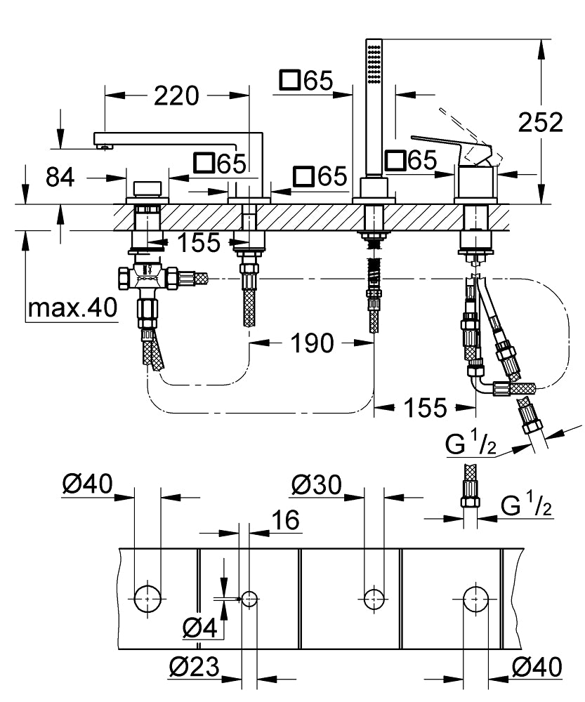 Badekarbatteri 4-hulls krom Grohe Eurocube bakside