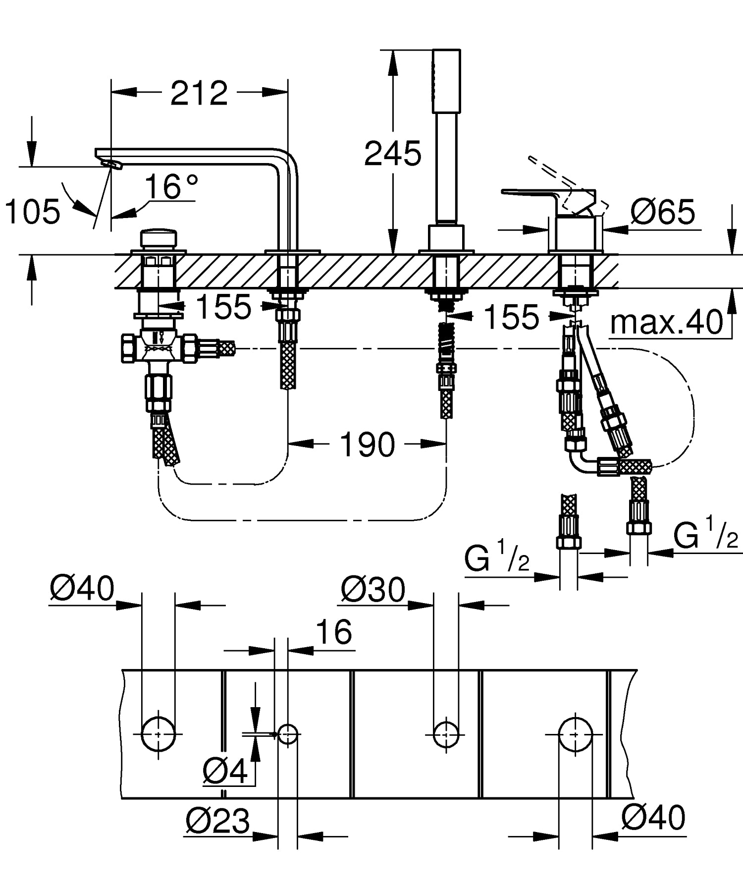 Badekarbatteri 4-hulls med hånddusj SuperSteel bakside