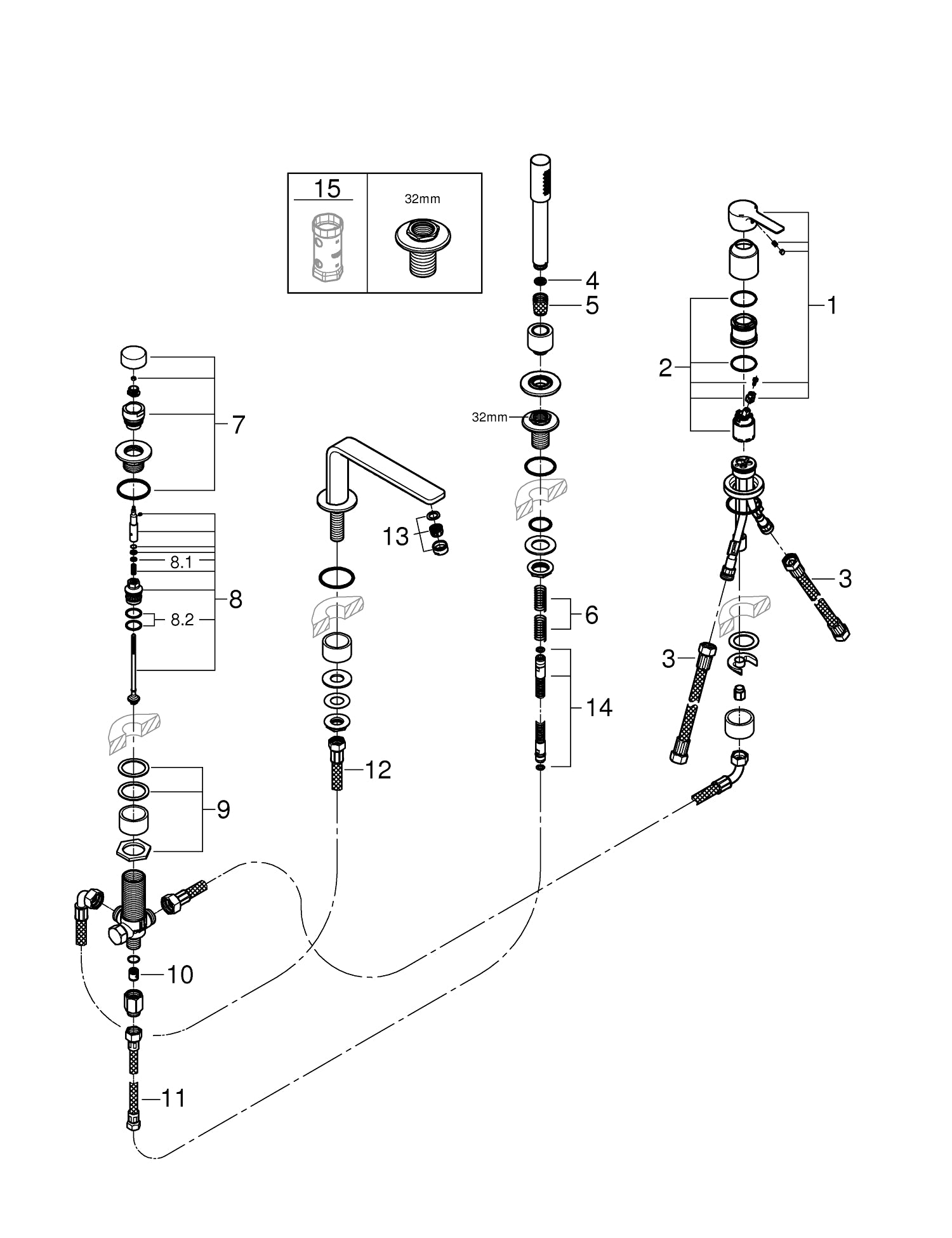 Detalj av Badekarbatteri 4-hulls med hånddusj SuperSteel