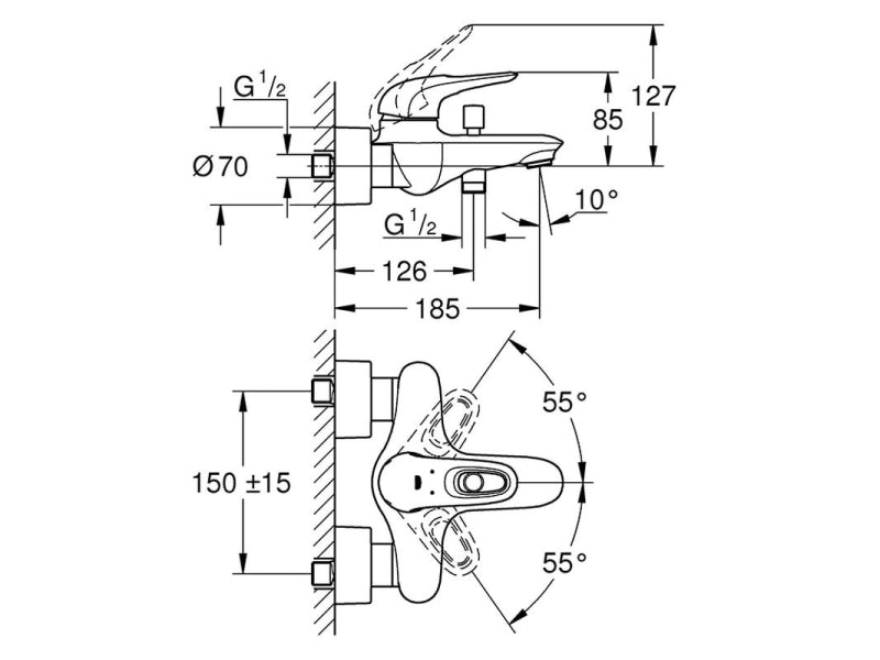 Badekarbatteri ettgreps krom Grohe Eurostyle bakside