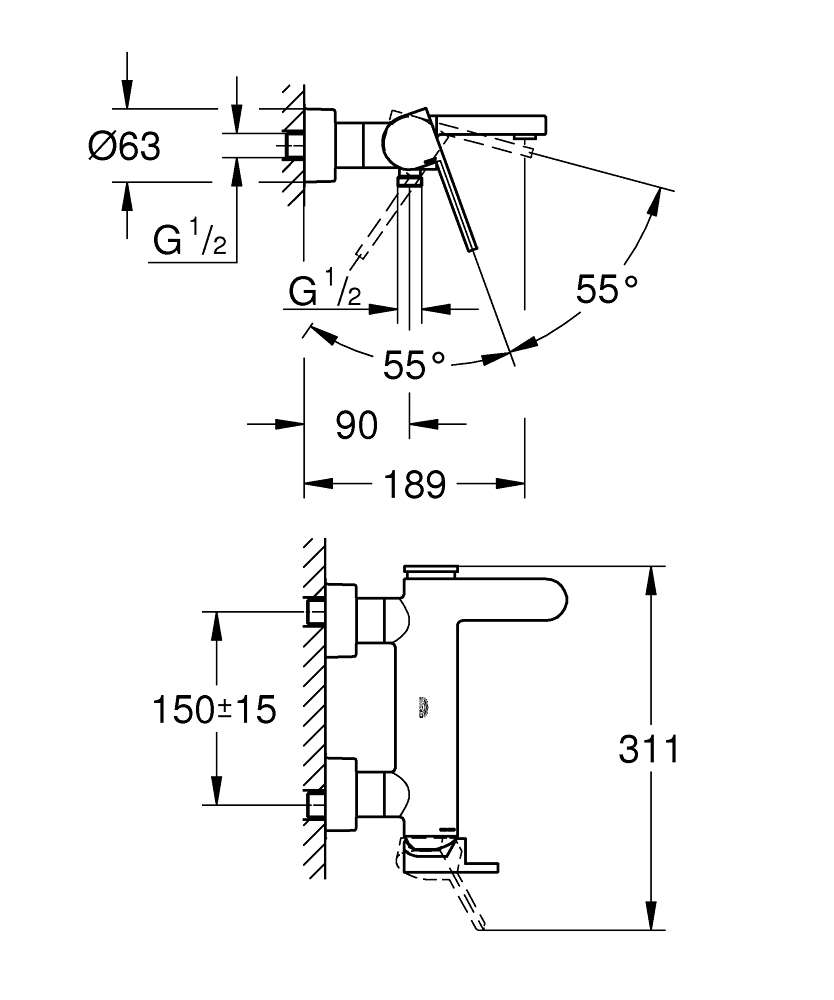 Badekarbatteri ettgreps veggmontert krom Grohe Plus bakside