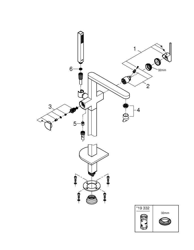 Bakside av badekarbatteri frittstående brushed hard graphite Grohe Plus