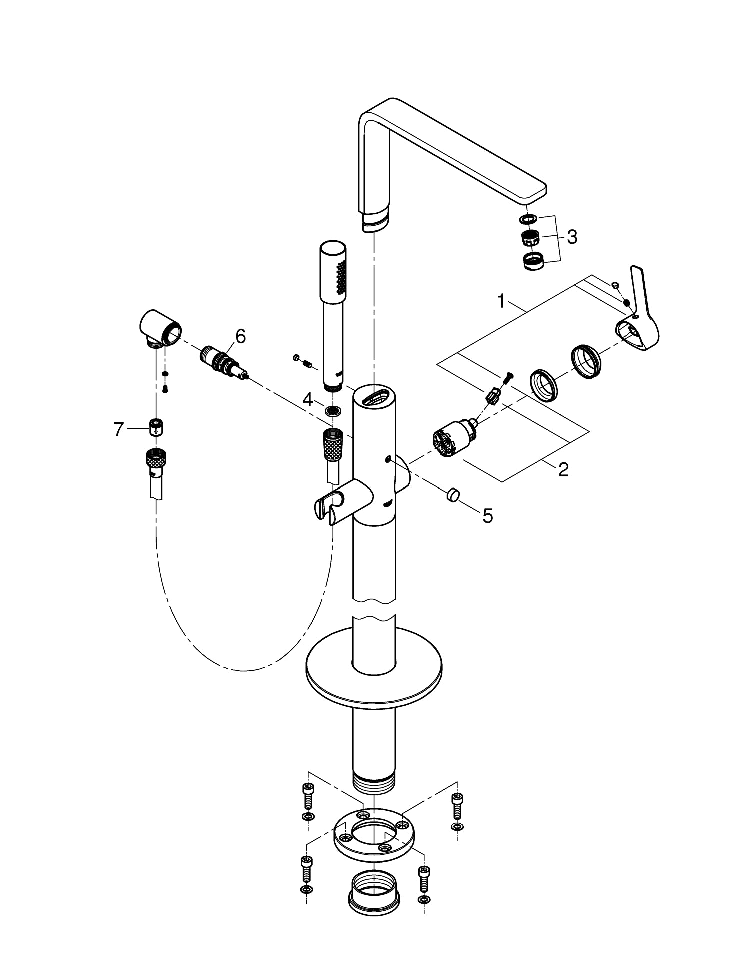 Detalj av hånddusj til Badekarbatteri gulvmontert ettgreps krom Grohe Lineare