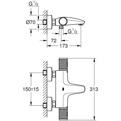 Badekarbatteri termostat veggmontert krom Grohe Precision Feel detalj