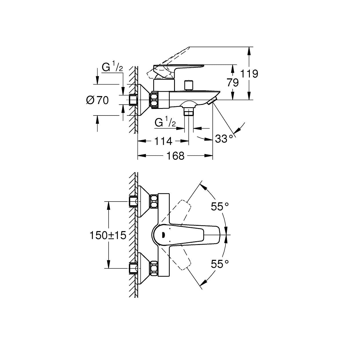 Badekarbatteri veggmontert krom Grohe Start Edge bakside