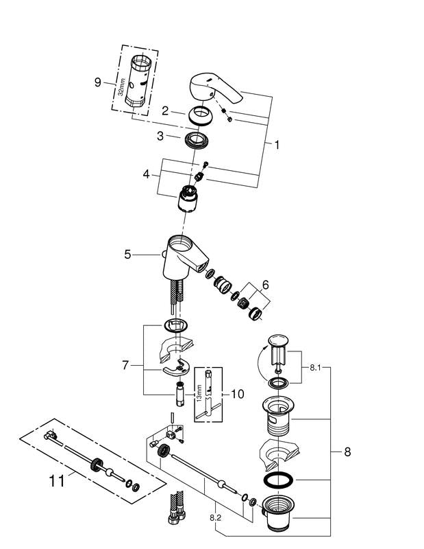 Bidetbatteri krom Grohe Eurosmart med draslestang