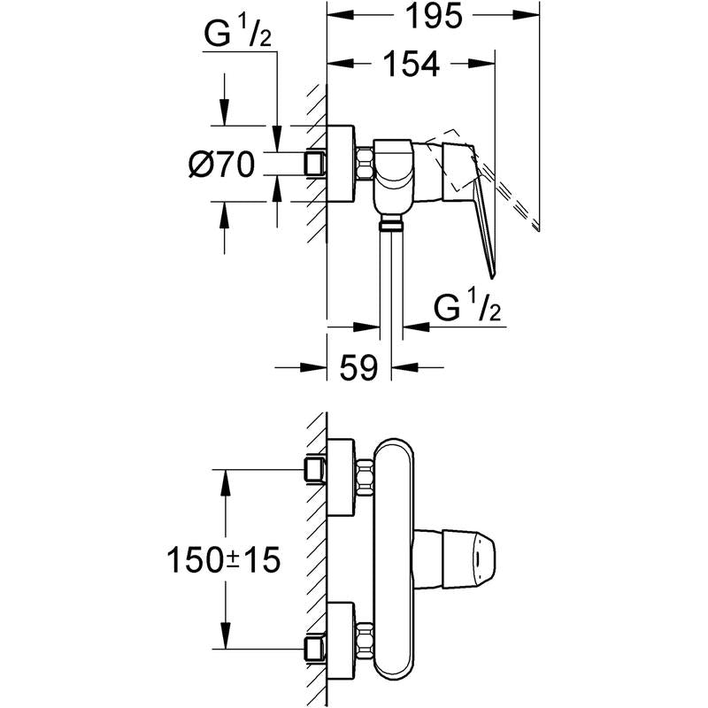 Dusjbatteri ettgreps krom Grohe Eurodisc Cosmopolitan bakside