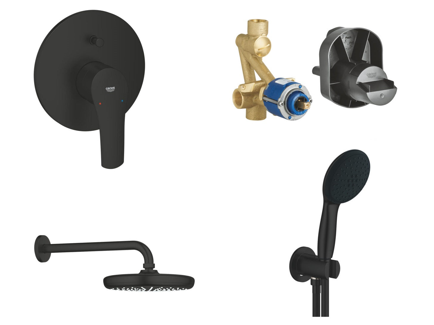 Dusjsett 4-i-1 innbyggings matt svart med takdusj forfra