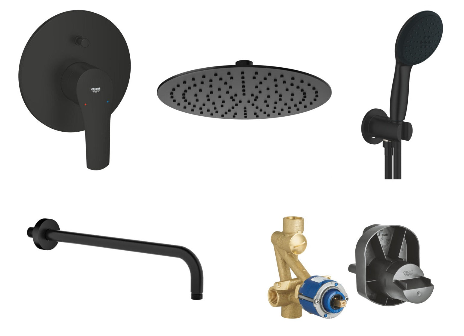 Dusjsett 5-i-1 innbyggings matt svart med takdusj Grohe Eurosmart forfra