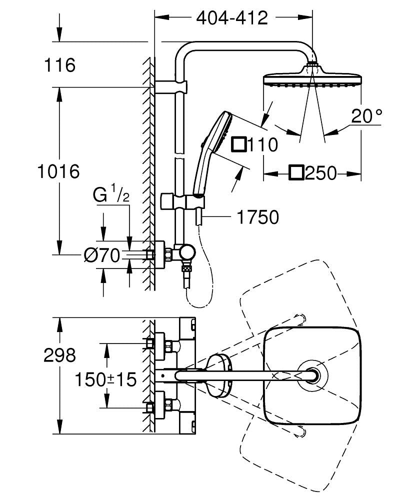 Detaljbilde av dusjsystem med termostat veggmontert krom Grohe Vitalio Comfort