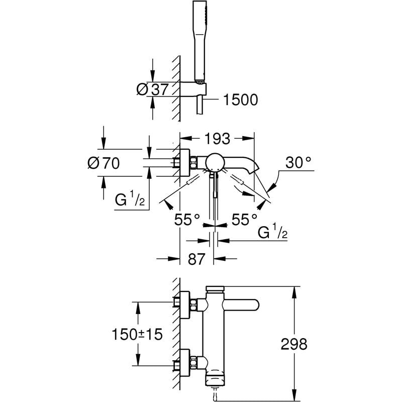 Ettgreps badekarbatteri med dusjsett krom Grohe Essence New bakside