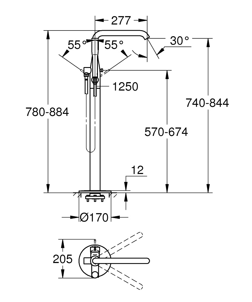Frittstående badekarbatteri børstet cool sunrise Grohe Essence detalj