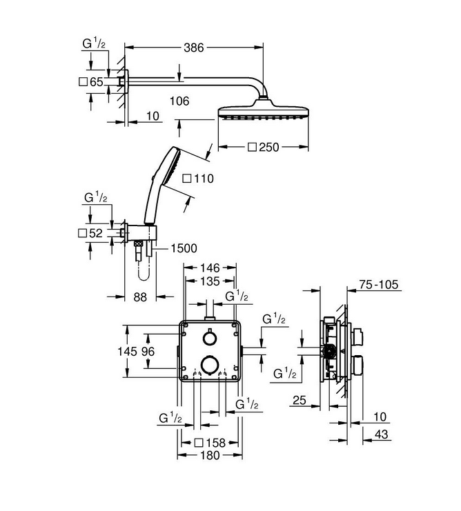 Innbyggingsdusjsett termostat krom Grohe Vitalio Comfort bakside