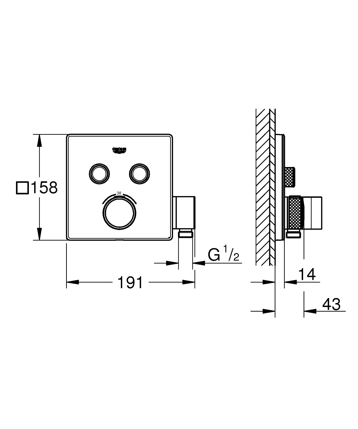 Oversikt Innbyggings termostat 2-veis med dusjholder krom Grohe SmartControl