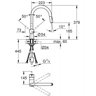 Kjøkkenbatteri børstet cool sunrise Grohe Minta detalj av tut