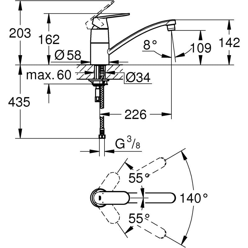 Kjøkkenbatteri ettgreps krom Grohe Eurosmart Cosmopolitan bakside