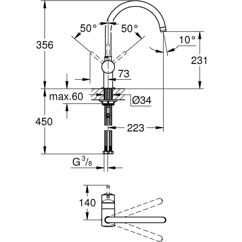 Kjøkkenbatteri ettgreps børstet stål Grohe Minta bakside