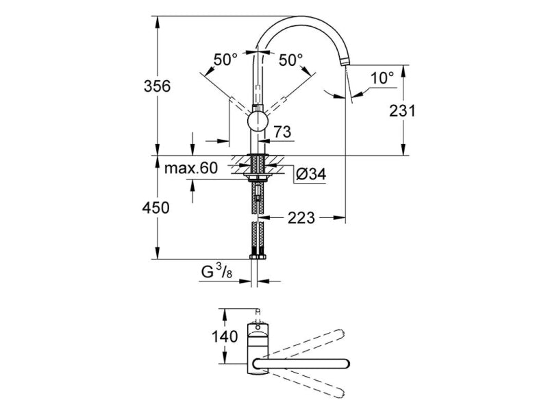 Kjøkkenbatteri høy ettgreps krom Grohe Minta bakside