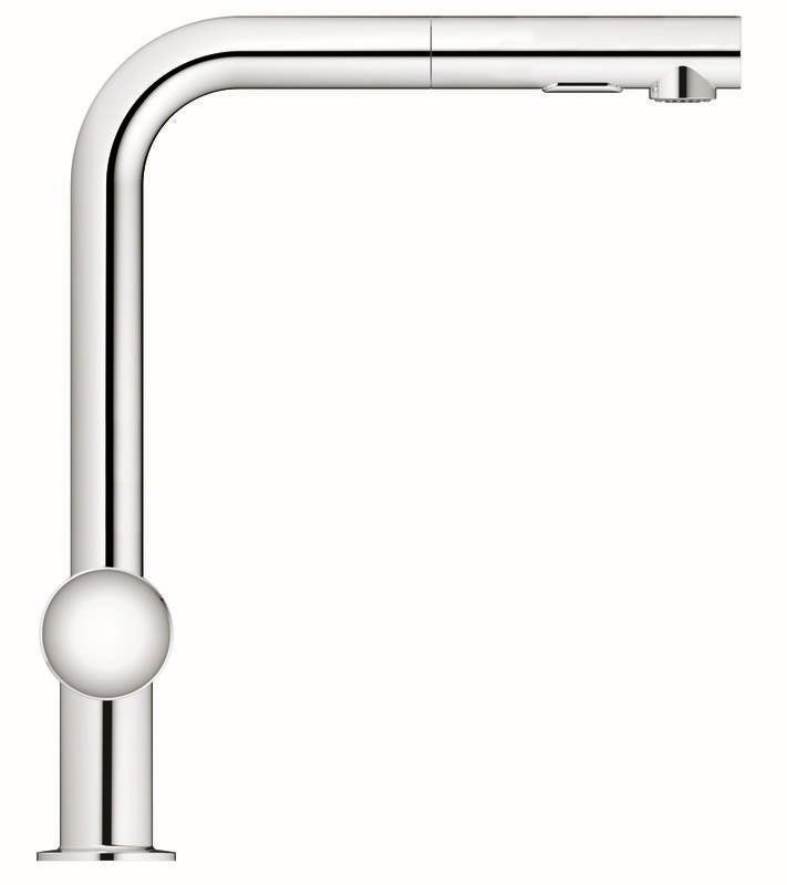 Nærbilde av grep og tut på Kjøkkenbatteri krom høy tut Grohe Minta
