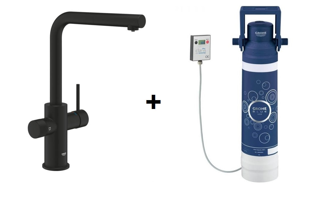 Kjøkkenbatteri med filter phantom black Grohe Minta forfra