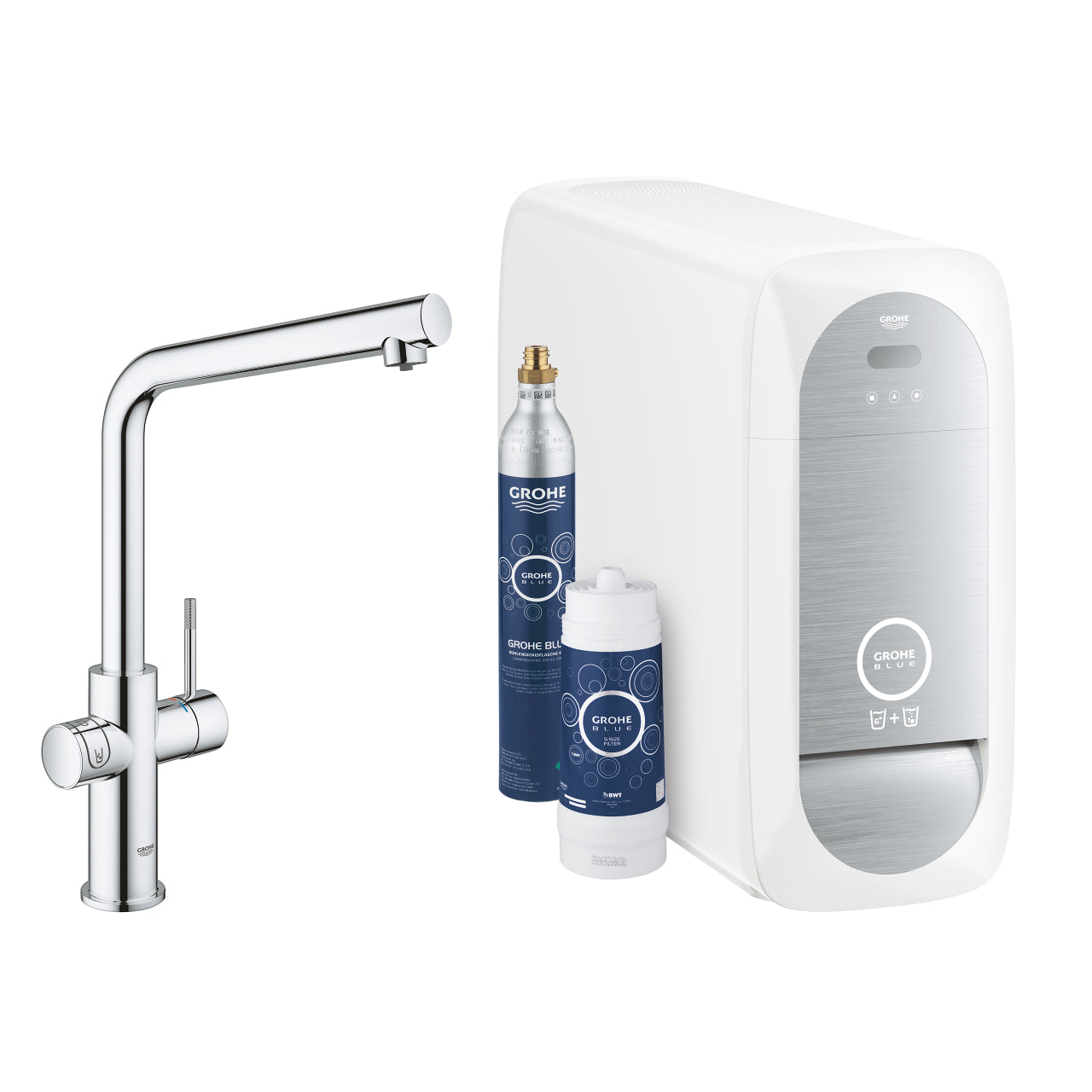 Kjøkkenbatteri med vannfilter L-tut krom Grohe Blue Home forfra
