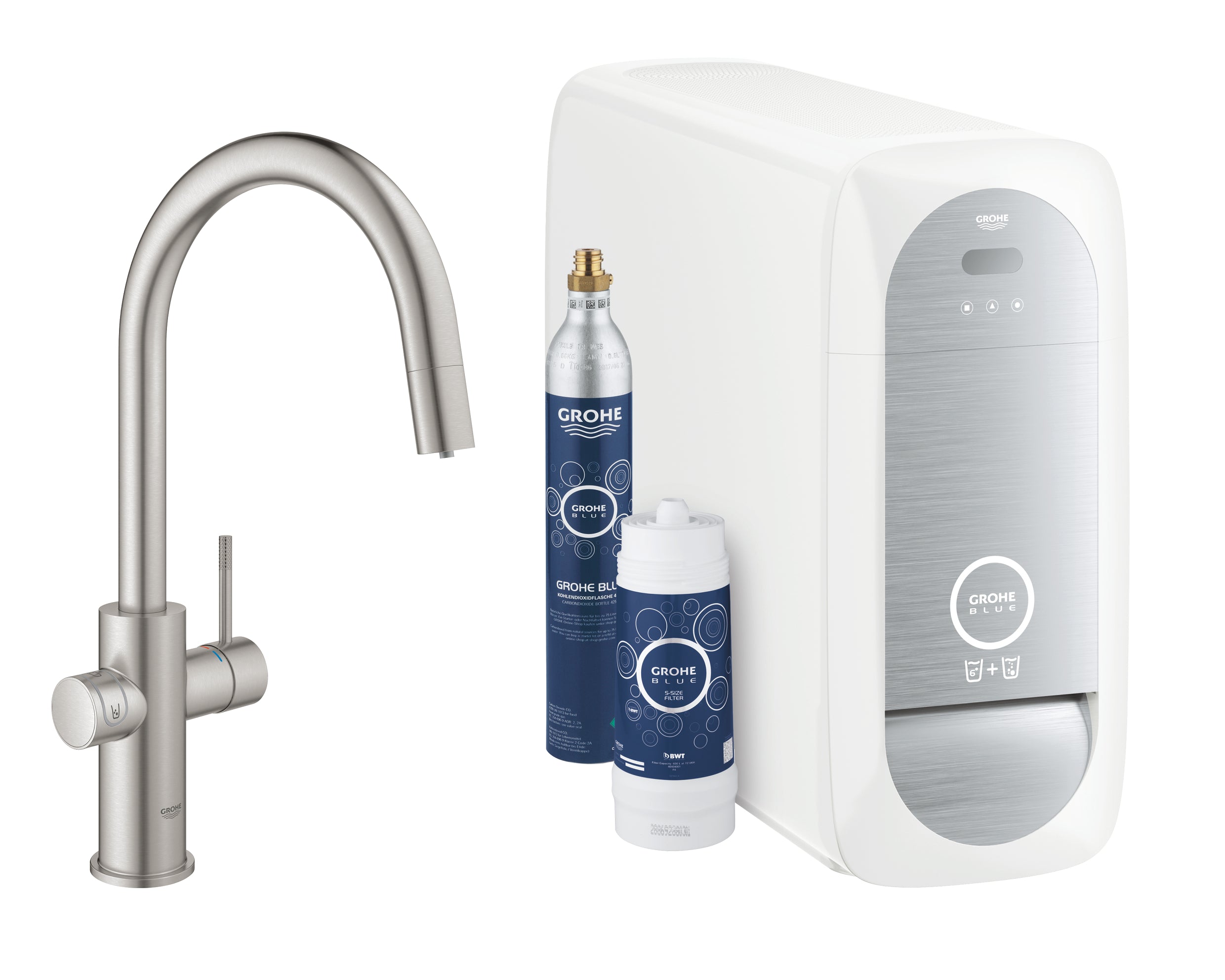 Kjøkkenbatteri rustfritt stål C-tut Grohe Blue Home forfra