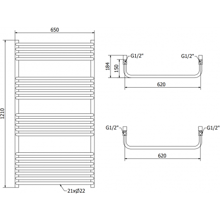 Håndkletørker Apollo 1210 x 650 mm, 900 W, Sort