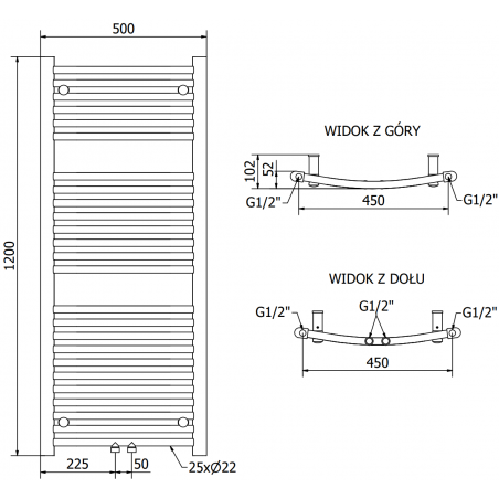 Håndkletørker Ares 1200 x 500 mm, 500 W, Sort