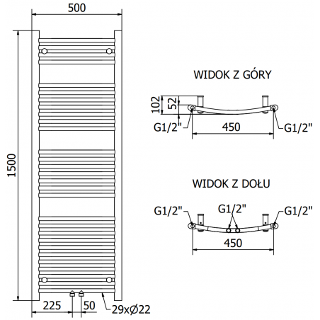 Håndkletørker Ares 1500 x 500 mm, 600 W, Sort