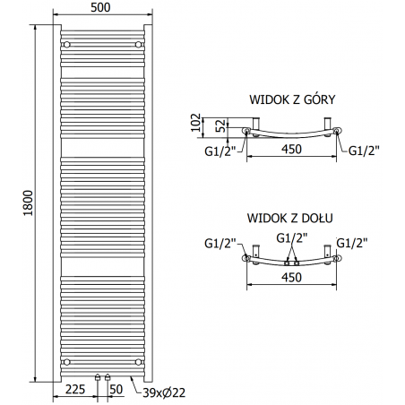 Håndkletørker Ares 1800 x 500 mm, 900 W, Sort, Premium