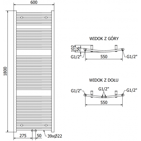 Håndkletørker Ares 1800 x 600 mm, 900 W, Hvit