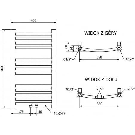 Håndkletørker Ares 700 x 400 mm, 300 W, Hvit